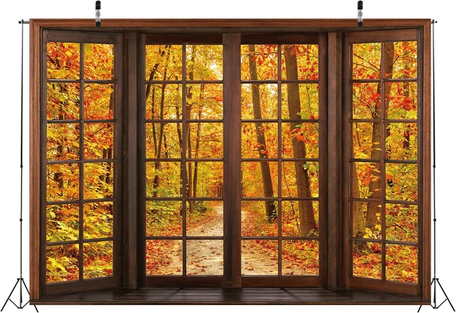 Alt view image 2 of 7 - 8x6ft Fall Wooden Window Backdrop Autumn Forest Scene Photography Banner Window Photography Backdrop, Autumn Maple Leaves Banner, Fall Natural Scenery Background for Thanksgiving Party Supplies