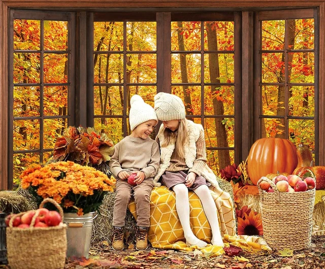 Alt view image 3 of 7 - 8x6ft Fall Wooden Window Backdrop Autumn Forest Scene Photography Banner Window Photography Backdrop, Autumn Maple Leaves Banner, Fall Natural Scenery Background for Thanksgiving Party Supplies