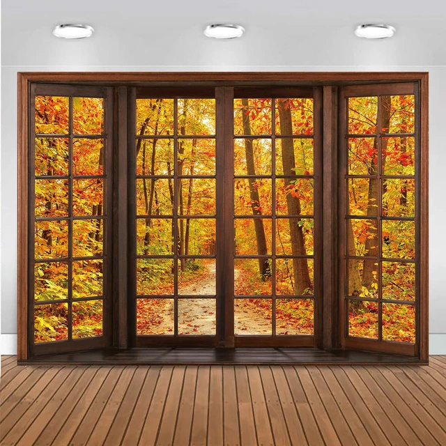 Alt view image 4 of 7 - 8x6ft Fall Wooden Window Backdrop Autumn Forest Scene Photography Banner Window Photography Backdrop, Autumn Maple Leaves Banner, Fall Natural Scenery Background for Thanksgiving Party Supplies