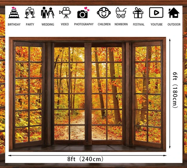 Alt view image 6 of 7 - 8x6ft Fall Wooden Window Backdrop Autumn Forest Scene Photography Banner Window Photography Backdrop, Autumn Maple Leaves Banner, Fall Natural Scenery Background for Thanksgiving Party Supplies