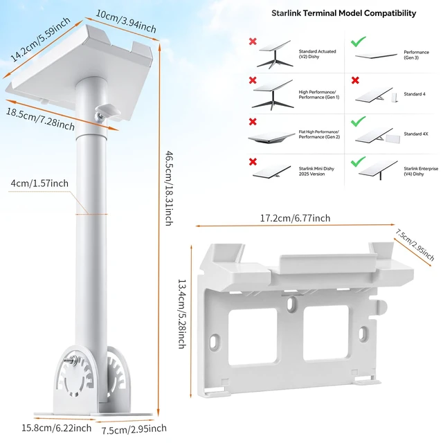 Alt view image 4 of 7 - Starlink Mount for Standard 4/4X/Gen 3, with 2-in-1 Router Mount Heavy Duty Wall Bracket 360° AdjustableStarlink Mast Holder with Pipe Adapter Starlink Long Wall Mount Kit White