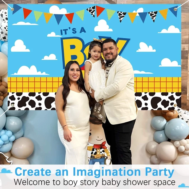Alt view image 3 of 7 - Boy Story Baby Shower Decorations Backdrop Banner,It's A Boy Stroy Large Size 3 x 5Ft Toy Cloud Backdrop Banner Decor