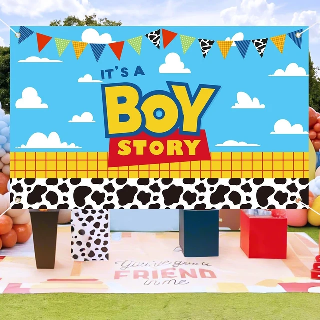 Alt view image 7 of 7 - Boy Story Baby Shower Decorations Backdrop Banner,It's A Boy Stroy Large Size 3 x 5Ft Toy Cloud Backdrop Banner Decor
