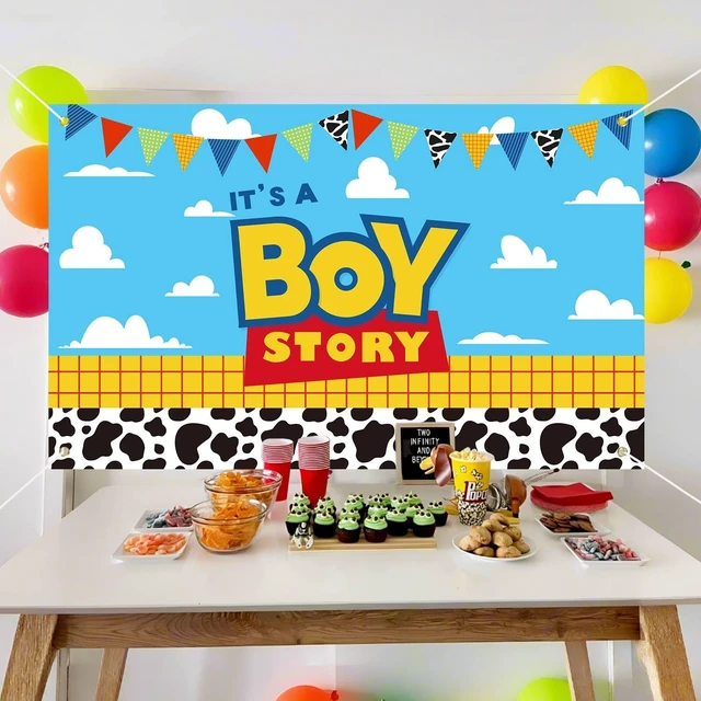Alt view image 6 of 7 - Boy Story Baby Shower Decorations Backdrop Banner,It's A Boy Stroy Large Size 3 x 5Ft Toy Cloud Backdrop Banner Decor