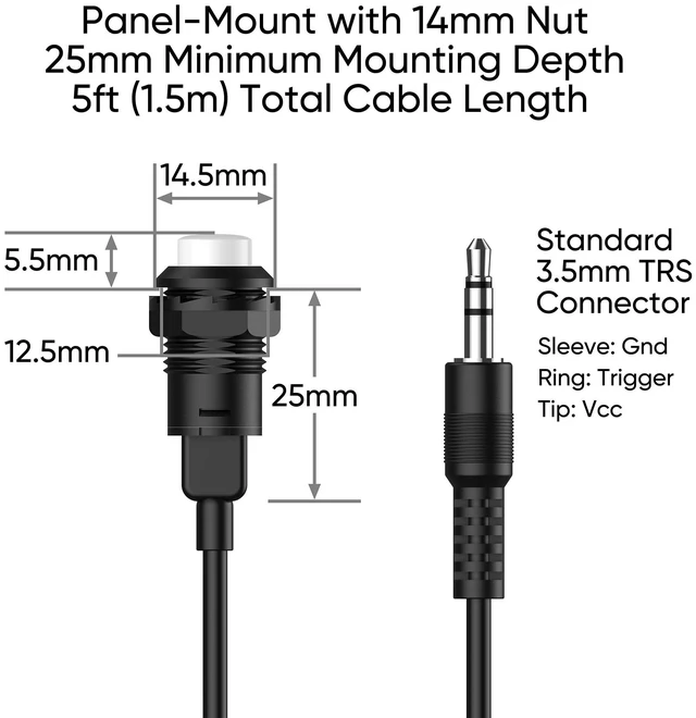 Alt view image 4 of 4 - Push Button Trigger for NEUMI Atom 4K Lite and Atom 1080P Media Players Fits Atom 4K Lite and Atom 1080P only; 9/16-inch (14.5mm) button, 1/2-inch (12.5mm) panel hole, 5ft (1.5m) cable