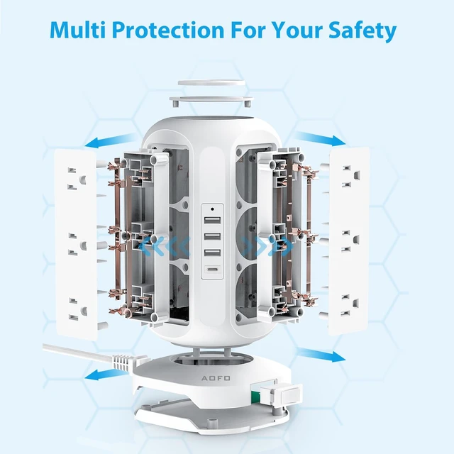 Alt view image 5 of 7 - Tower Power Strip Flat Plug with 12 Outlets 4 USB(1 USB C), Power Strip Charging Station with Overload Protection, Widely Spaced Multiple Outlets 10Ft Extension Cord for Home, Dorm,Office