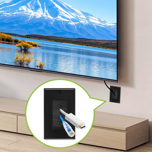 Alt view image 6 of 7 - Brush Wall Plate, Single Gang Cable Pass Through, 5 Pack, Black Cord Hider for Low Voltage Wires, In Wall Cable Management for Wall Mount TV, HDTV, Home Theater Systems