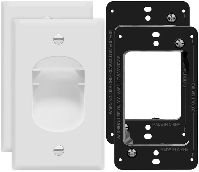 Main image of Recessed Low Voltage Cable Wall Plate for Home Theaters, Pass-Through Wall Plate with Mounting Brackets, Size 1-Gang 4.50" x 2.75", Polycarbonate Thermoplastic, TG8881B-2PCS, White, 2 pack