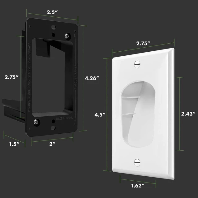 Alt view image 2 of 7 - Recessed Low Voltage Cable Wall Plate for Home Theaters, Pass-Through Wall Plate with Mounting Brackets, Size 1-Gang 4.50" x 2.75", Polycarbonate Thermoplastic, TG8881B-2PCS, White, 2 pack