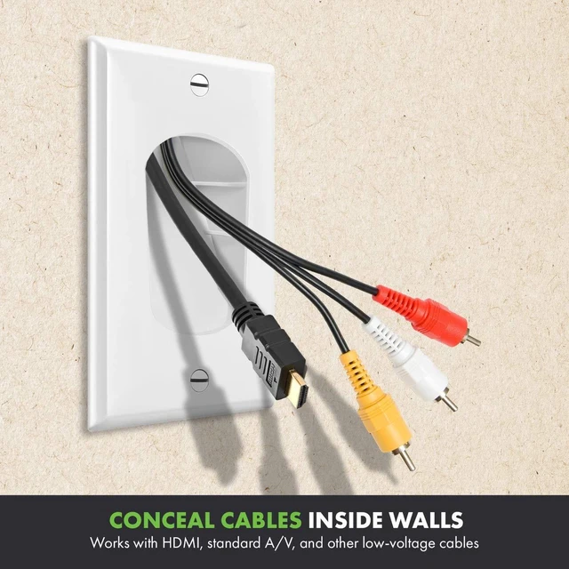 Alt view image 4 of 7 - Recessed Low Voltage Cable Wall Plate for Home Theaters, Pass-Through Wall Plate with Mounting Brackets, Size 1-Gang 4.50" x 2.75", Polycarbonate Thermoplastic, TG8881B-2PCS, White, 2 pack
