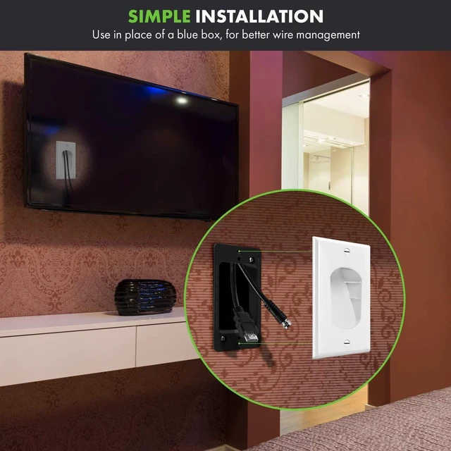 Alt view image 6 of 7 - Recessed Low Voltage Cable Wall Plate for Home Theaters, Pass-Through Wall Plate with Mounting Brackets, Size 1-Gang 4.50" x 2.75", Polycarbonate Thermoplastic, TG8881B-2PCS, White, 2 pack