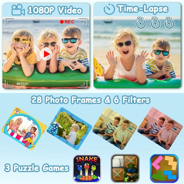 Alt view image 4 of 7 - Kids Waterproof Camera, Underwater HD Digital Camcorder, Blue Mini Action Toys, Christmas Birthday Gifts for Toddler Boys Girls 3-12, Ideal for Summer Beach Pool Camp Travel, 32GB card