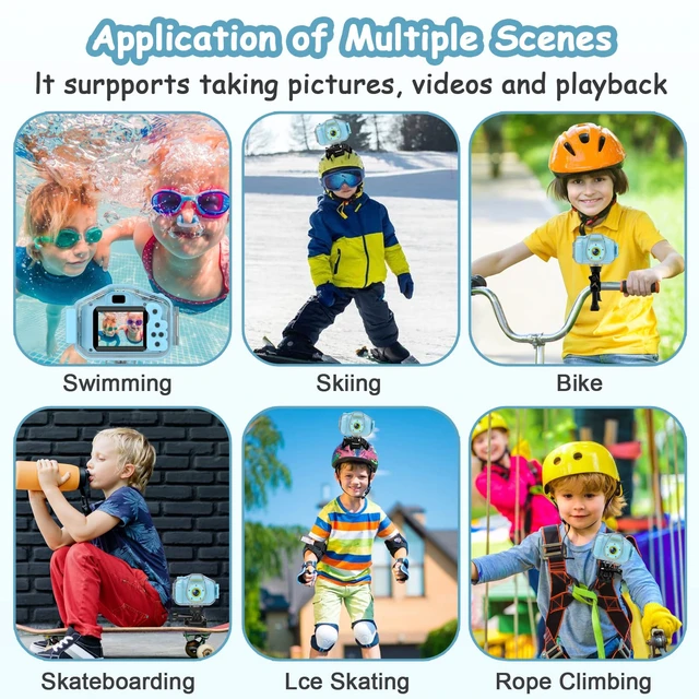 Alt view image 5 of 7 - Kids Waterproof Camera, Underwater HD Digital Camcorder, Blue Mini Action Toys, Christmas Birthday Gifts for Toddler Boys Girls 3-12, Ideal for Summer Beach Pool Camp Travel, 32GB card