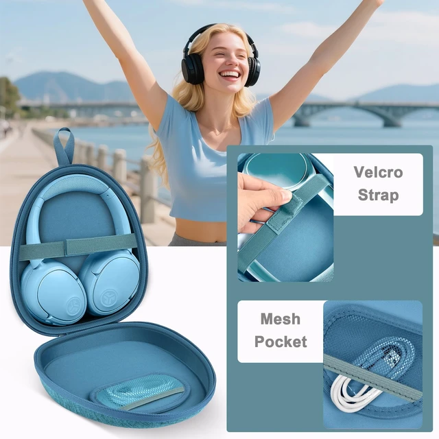 Alt view image 4 of 7 - Headphone Travel Case with Secure Strap and Accessory Pocket, Green Hard Shell Protection, Fits Most Foldable Over-Ear Headphones, 7.87 x 6.8 x 0.9 in Interior, for Music Fans, Case Only