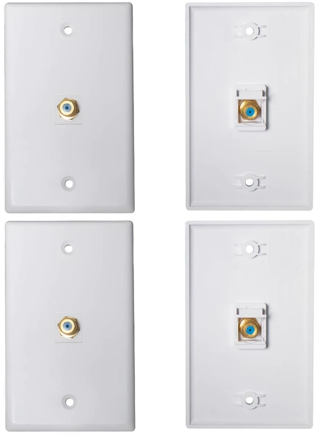 Main image of HXH 1-Port Coax Wall Plate, Gold-Plated F-Type Connector, White, 4-Pack For home theater and antenna cable runs, coaxial cable outlet cover, provides neat wall-mounted cable access, screws included