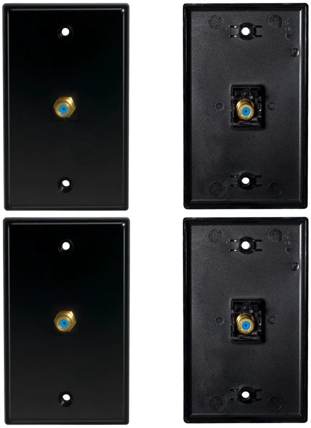 Main image of HXH 1-Port Coax Wall Plate, Gold-Plated F-Type Connector, Black, 4-Pack For multi-room TV and antenna installations, coax cable outlet cover, finishes cable exits with secure screw mounting