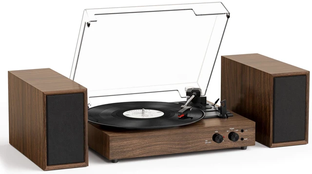 Main image of Vinyl Record Player with External Speakers, Vintage 3-Speed Turntable with Dual Speakers, Bluetooth Music Playback, MP3 PC Recoding, AUX Input Headphone Jack and RCA Out, Deep Walnut