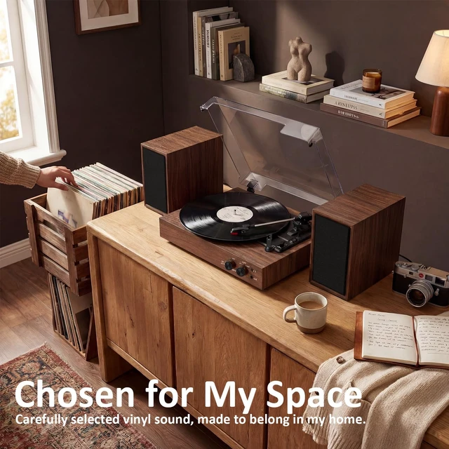 Alt view image 6 of 7 - Vinyl Record Player with External Speakers, Vintage 3-Speed Turntable with Dual Speakers, Bluetooth Music Playback, MP3 PC Recoding, AUX Input Headphone Jack and RCA Out, Deep Walnut