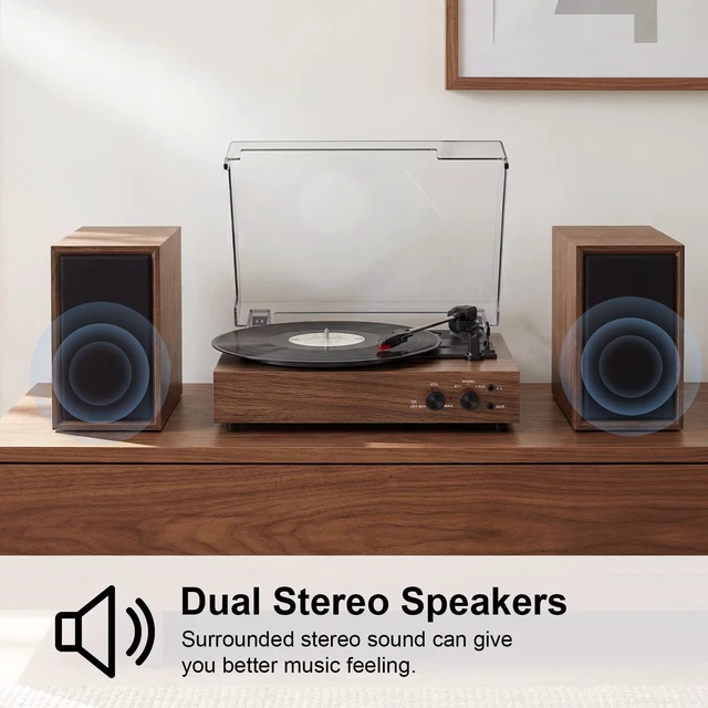 Alt view image 7 of 7 - Vinyl Record Player with External Speakers, Vintage 3-Speed Turntable with Dual Speakers, Bluetooth Music Playback, MP3 PC Recoding, AUX Input Headphone Jack and RCA Out, Deep Walnut