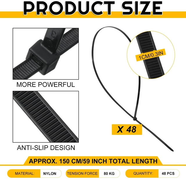 Alt view image 2 of 7 - 48 Pcs 60 Inch Large Zip Ties Heavy Duty Outdoor Extra Large Zip Ties Extra Long Cable Wire Plastic Ties with 176 Pounds Tensile Strength Self Locking UV Resistant (Black)