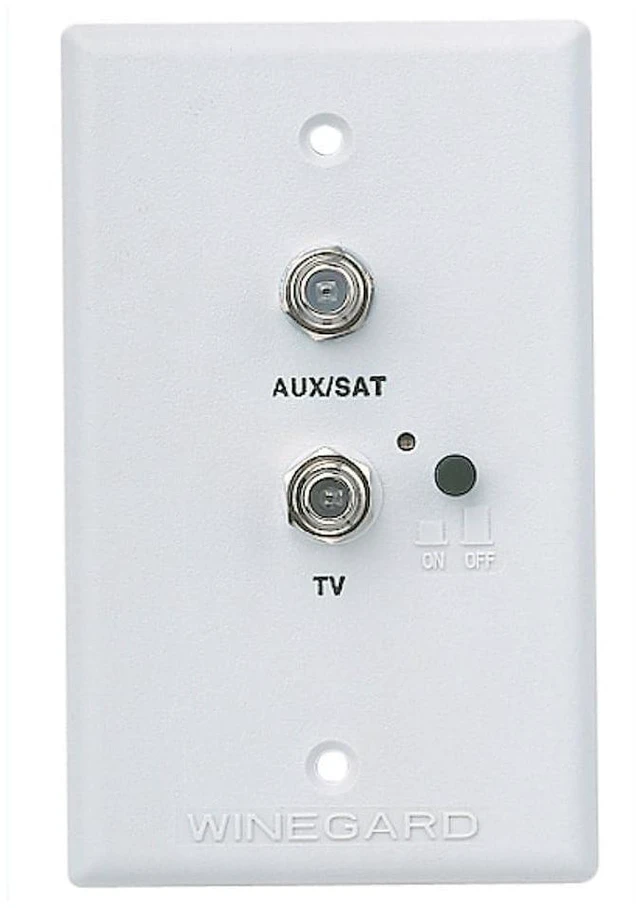 Main image of RV TV Antenna Wall Plate and Power Supply RV-7542 - White 12VDC Power to Amplified Antenna, Supports 2 TVs, Switch for Park Cable, 12VDC Receptacle, Broad Compatibility