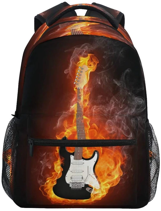 Main image of Electric Guitar In Fire Flames Print Travel Backpack for School Water Resistant Bookbag