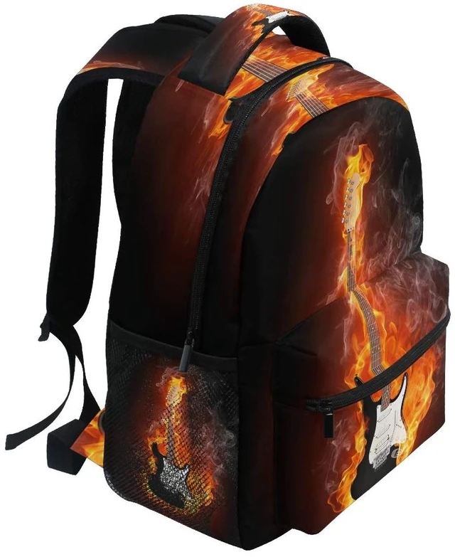 Alt view image 2 of 7 - Electric Guitar In Fire Flames Print Travel Backpack for School Water Resistant Bookbag