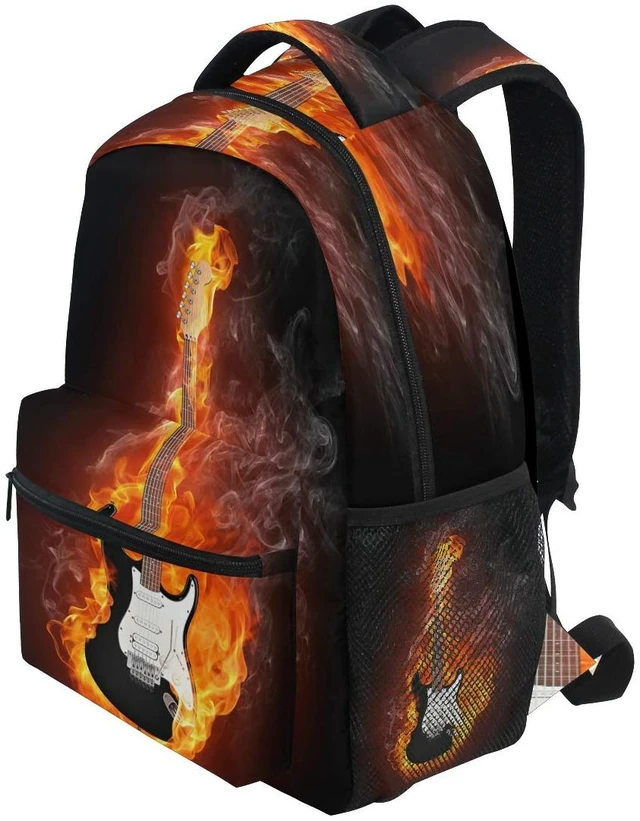 Alt view image 3 of 7 - Electric Guitar In Fire Flames Print Travel Backpack for School Water Resistant Bookbag