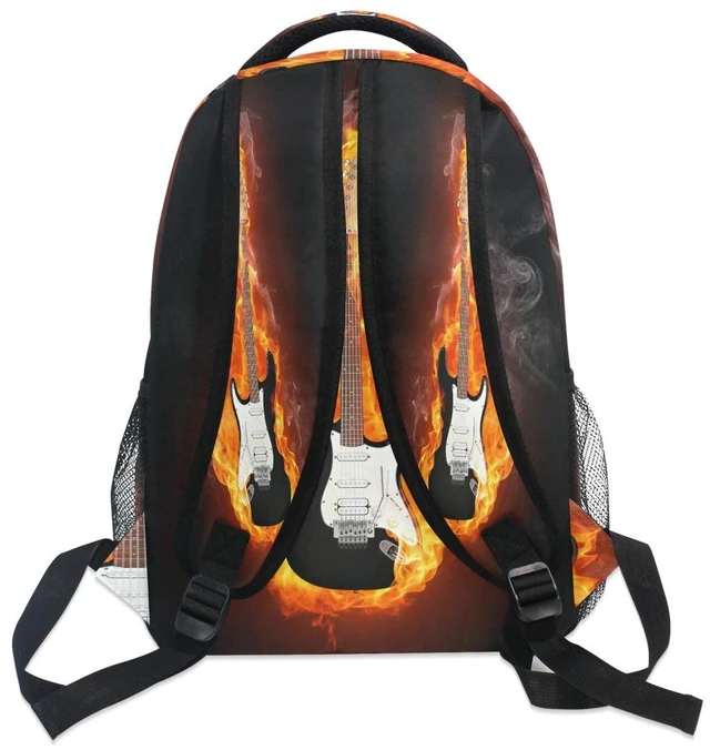 Alt view image 4 of 7 - Electric Guitar In Fire Flames Print Travel Backpack for School Water Resistant Bookbag