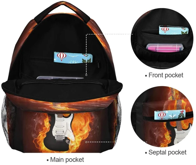 Alt view image 5 of 7 - Electric Guitar In Fire Flames Print Travel Backpack for School Water Resistant Bookbag