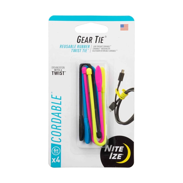 Alt view image 2 of 7 - Gear Tie Cordable, The Orginal Reusable Rubber Twist Tie with Stretch-Loop For Cord Management + Storage, 6-Inch, Assorted Colors, 4 Pack, Made in the USA