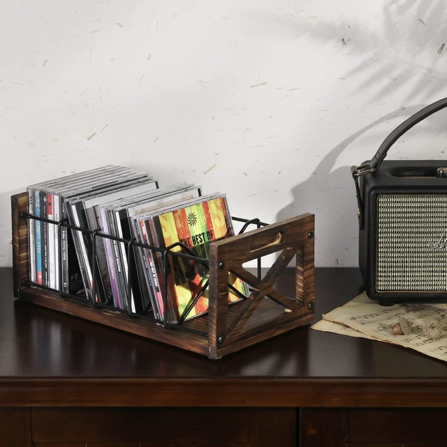 Alt view image 3 of 7 - CD Storage Holder, 5-Slot Farmhouse Industrial CD & DVD Storage Rack with Handles, Barn Door X-Cross Design, Rustic Solid Burnt Wood and Black Metal Wire