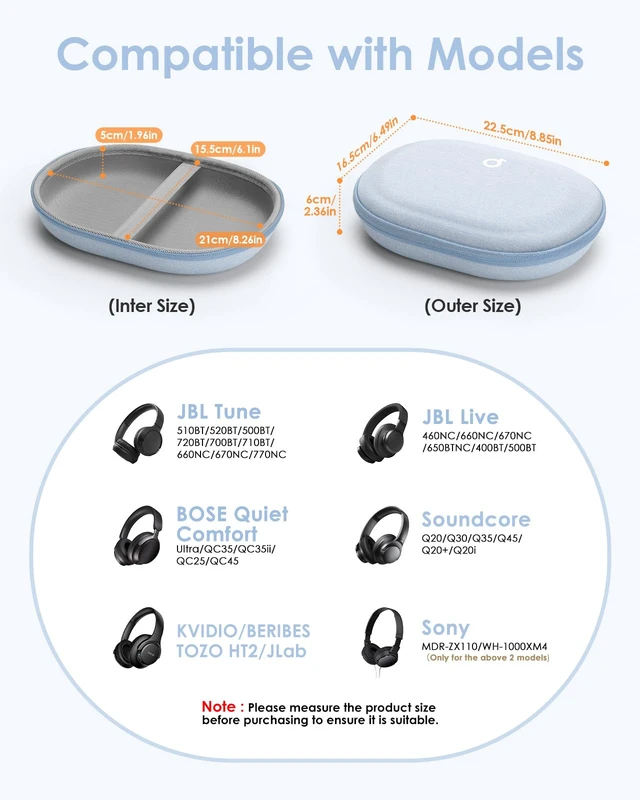 Alt view image 2 of 6 - Headphone Case Hard for Bose QuietComfort Ultra QC45 QC35 QC25 QC15 QCSE Fits JBL Tune 510BT 720BT/Live 770NC/Soundcore Anker Foldable Over-Ear Headphones, Super-Slim Portable Travel Organizer Bag