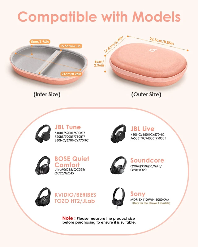 Alt view image 2 of 5 - Headphone Case Hard for Bose QuietComfort Ultra QC45 QC35 QC25 QC15 QCSE Fits JBL Tune 510BT 720BT/Live 770NC/Soundcore Anker Foldable Over-Ear Headphones, Super-Slim Portable Travel Organizer Bag