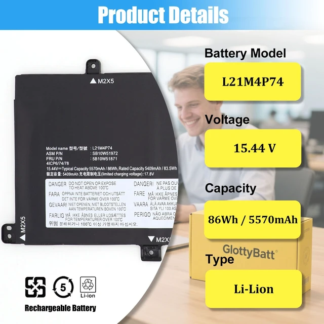 Alt view image 2 of 7 - L21M4P74 Battery Replacement for Lenovo ThinkPad T16 Gen 1 ThinkPad T16 Gen 2, ThinkPad P16s Gen 1 Gen 2 Series, Laptop Battery L21C4P72 L21D4P73 L21M4P73 L21D4P72 L21L4P72, 86Wh