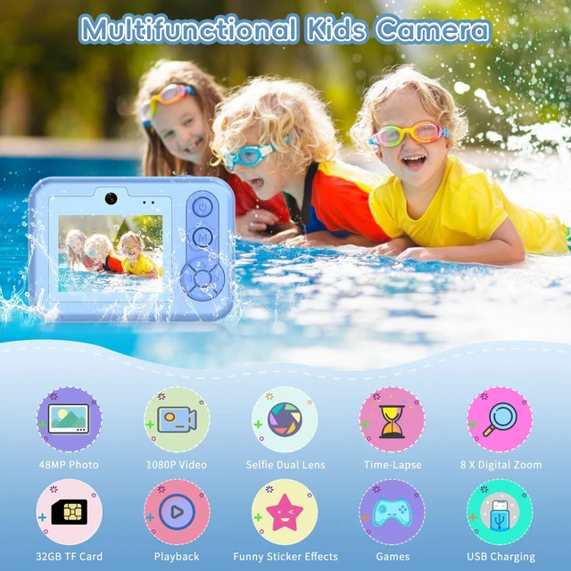 Alt view image 6 of 7 - Underwater Camera for Kids - IP68 Waterproof Camera, 48MP Dual Lens, 1080P Video Recording, Toddler Camera for Pool & Beach, Ideal Christmas Birthday Gifts for Boys Girls Age 3-12 (Sky Blue)