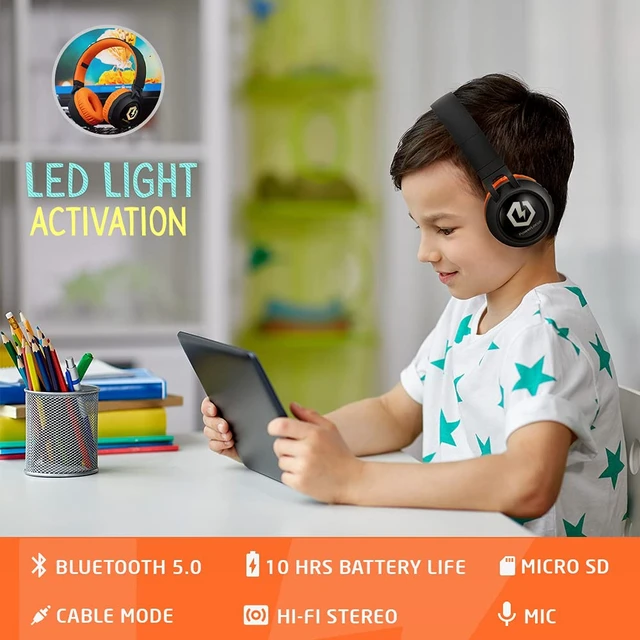 Alt view image 2 of 7 - Kids Headphones Wireless, LED Lights, 85dB Safe Volume Limit Bluetooth Headphones for Kids Over Ear, Foldable, Micro SD Mode, Built-in & Line-in Microphone for iPad,Phones,Tablets,Laptop