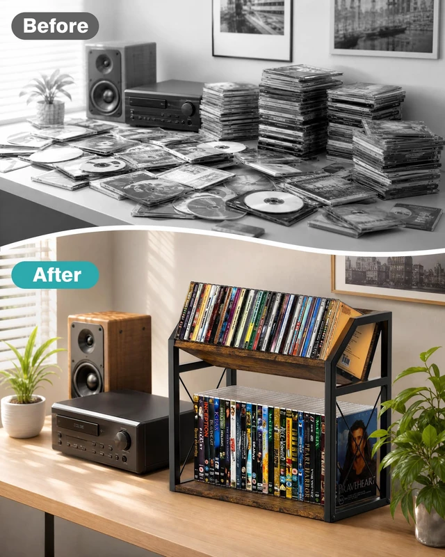 Alt view image 4 of 7 - 2-Tier CD Holder Rack for Display, Tilting DVD Storage Shelf Tilted Top Shelf for Easy Viewing, Premium Wood and Heavy Metal Construction, Elevates Media Collection Display