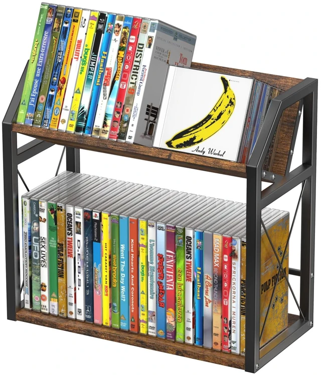 Main image of 2-Tier CD Holder Rack for Display, Tilting DVD Storage Shelf Tilted Top Shelf for Easy Viewing, Premium Wood and Heavy Metal Construction, Elevates Media Collection Display