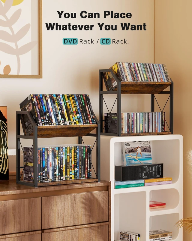 Alt view image 5 of 7 - 2-Tier CD Holder Rack for Display, Tilting DVD Storage Shelf Tilted Top Shelf for Easy Viewing, Premium Wood and Heavy Metal Construction, Elevates Media Collection Display