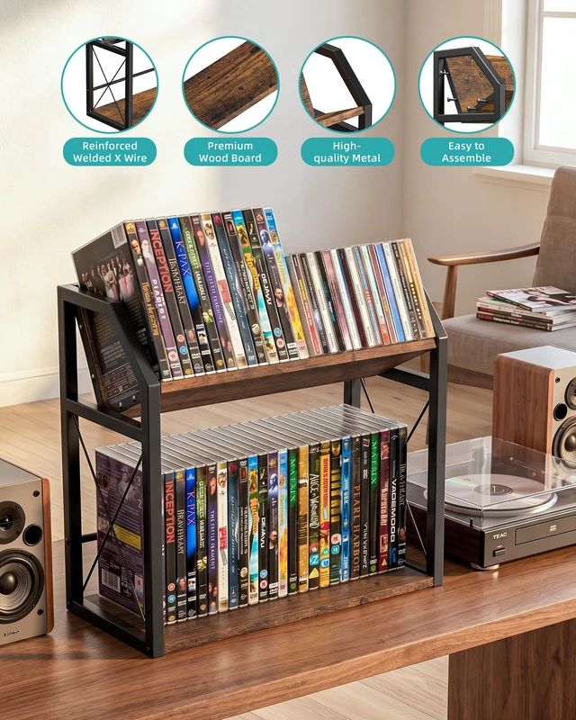 Alt view image 6 of 7 - 2-Tier CD Holder Rack for Display, Tilting DVD Storage Shelf Tilted Top Shelf for Easy Viewing, Premium Wood and Heavy Metal Construction, Elevates Media Collection Display