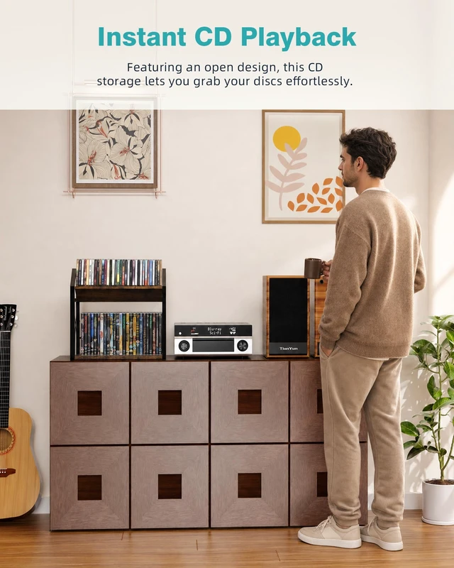 Alt view image 7 of 7 - 2-Tier CD Holder Rack for Display, Tilting DVD Storage Shelf Tilted Top Shelf for Easy Viewing, Premium Wood and Heavy Metal Construction, Elevates Media Collection Display