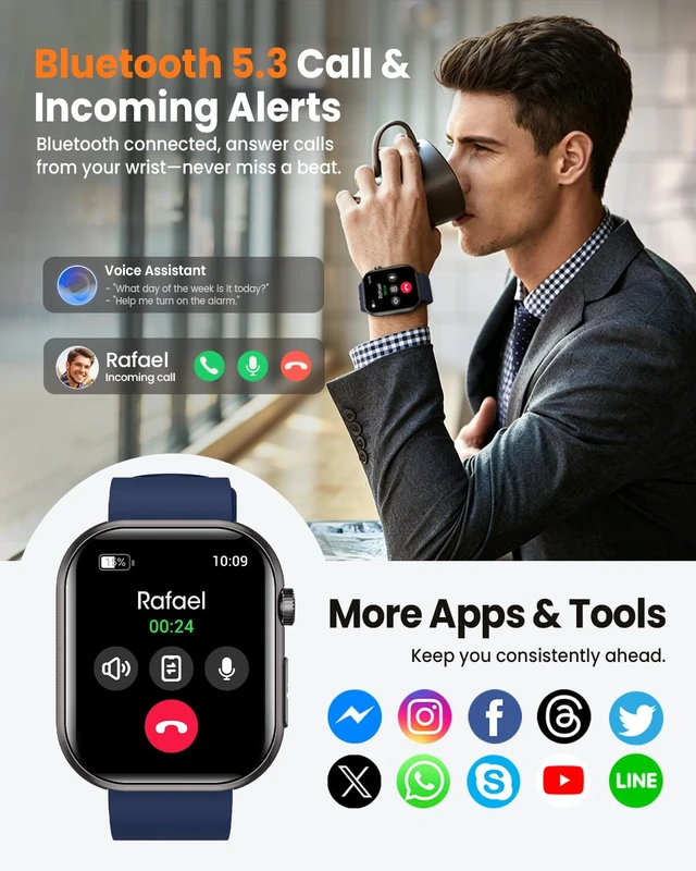 Alt view image 7 of 7 - Smart Watch for Men Women,1.96" HD AMOLED Fitness Watch Tracker with 2 Band 20 Day+Battery Life/Heart Rate SpO2 Sleep Monitor,/140+Sport Modes/Bluetooth Call,/IP68 Waterproof/ Android iOS