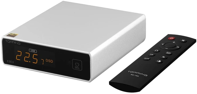 Main image of E30 II DAC Dual AK4493S Chips, Hi-Res Audio, USB/Optical/Coaxial Inputs, Ultra-Low Noise Power Supply, PCM & DSD Decoding, Auto On/Off, Preamp Mode & Remote Control (E30 II - Silver)