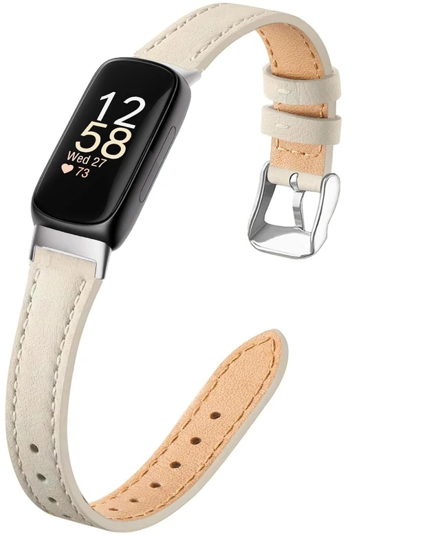Main image of Slim Leather Band For Fitbit Inspire 3,Beige/Silver Women,Leather,Strap,Thin,Wristband