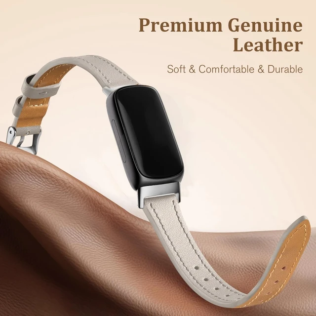 Alt view image 2 of 6 - Slim Leather Band For Fitbit Inspire 3,Beige/Silver Women,Leather,Strap,Thin,Wristband