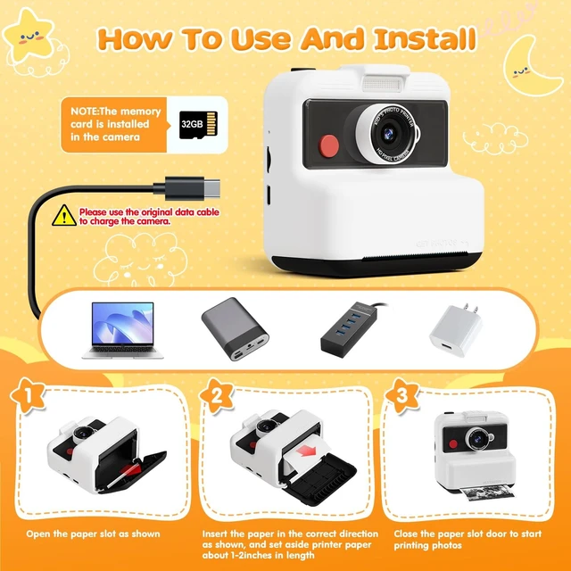 Alt view image 7 of 7 - Kids Camera Instant Print, 3.0'' Screen 48MP Kids Digital Camera Includes 32GB Card & 3 Rolls Print Paper, 7 Print Densities, Christmas Birthday Gifts for Children 3 4 5 6 7 8 9 10 Years Old