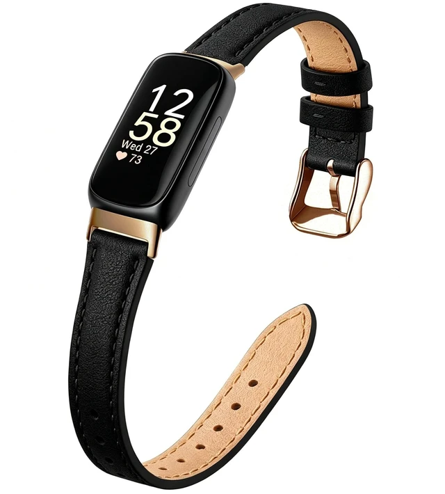 Main image of Slim Leather Band For Fitbit Inspire 3,Black/Rose Gold Women,Leather,Strap,Thin,Wristband