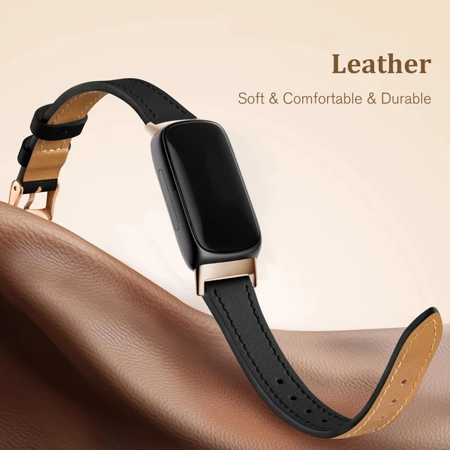 Alt view image 2 of 6 - Slim Leather Band For Fitbit Inspire 3,Black/Rose Gold Women,Leather,Strap,Thin,Wristband