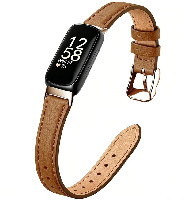 Main image of Slim Leather Band For Fitbit Inspire 3,Brown/Rose Gold Women,Leather,Strap,Thin,Wristband
